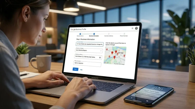 Prikaz procesa kreiranja i verifikacije Google Business Profile naloga na računaru sa prikazom obrasca i verifikacionog koda