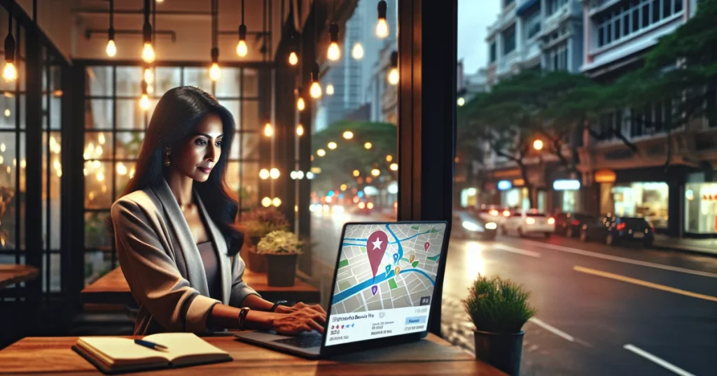 Vlasnik lokalnog biznisa pregledava lokalni SEO rezultate i Google Maps rangiranje na laptopu