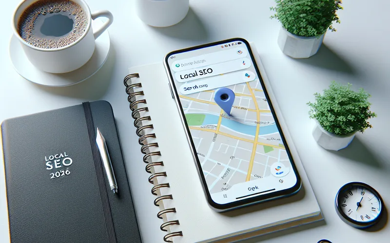 Lokalni SEO trendovi u 2026. godini Lokalni SEO vodič 2026 - smartphone sa Google Maps rezultatima i lokalnim poslovnim pinovima