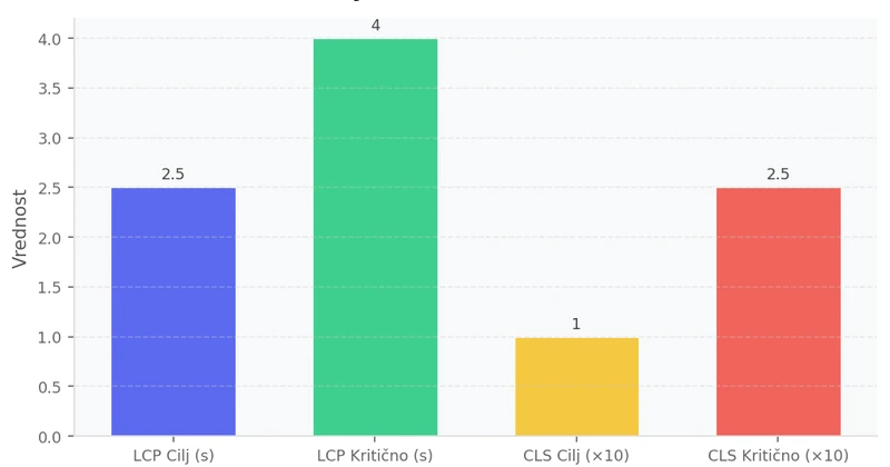 Bar grafikon koji prikazuje poređenje ciljnih vrednosti Core Web Vitals metrika (LCP 2.5s, CLS 0.1) sa kritičnim granicama (LCP 4.0s, CLS 0.25) za WordPress sajtove u 2026.