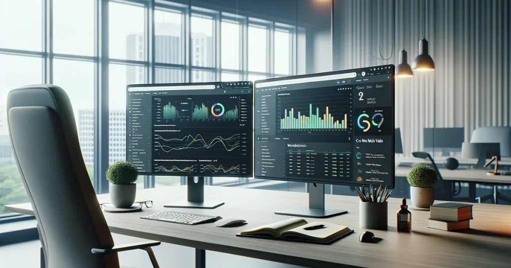 Senior SEO stručnjak analizira WordPress SEO optimizaciju i Core Web Vitals metrike na profesionalnim monitorima