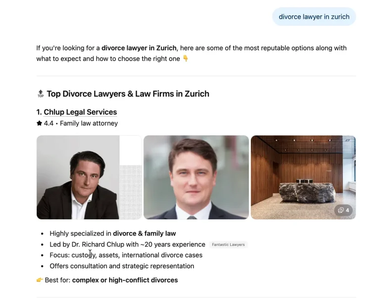 AI pretraga Google: divorce lawyer Zurich, prikaz rezultata za klijente