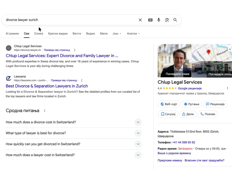 Google rezultat pretrage za "divorce lawyer Zurich" sa fokusom na klijente