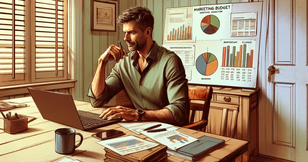 Vlasnik malog biznisa planira digitalni marketing mali biznis budžet na laptopu u kućnom uredu