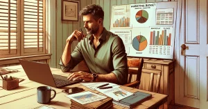 Vlasnik malog biznisa planira digitalni marketing mali biznis budžet na laptopu u kućnom uredu