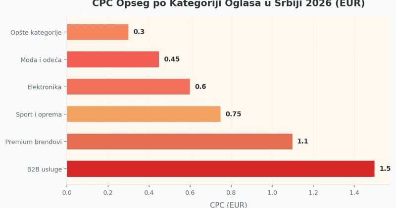 Horizontalni bar grafikon koji prikazuje prosečne CPC cene po kategoriji oglasa u Srbiji 2026, od 0.30 do 1.50 EUR