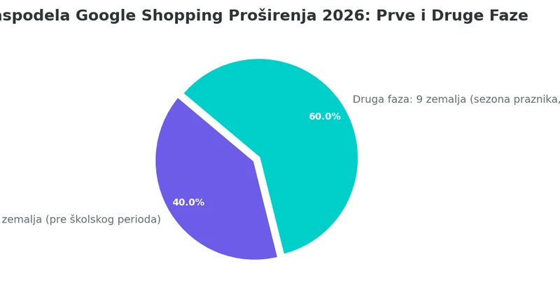 Pie grafikon koji prikazuje raspodelu 15 evropskih tržišta na koja su Google Shopping Ads prošireni u 2026, 6 zemalja u prvoj fazi i 9 u drugoj fazi uključujući Srbiju