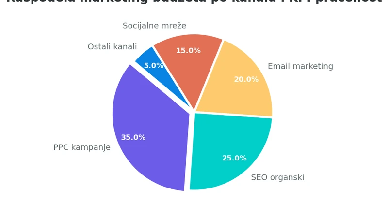 Pie chart koji prikazuje tipičnu raspodelu pažnje na KPI po kanalima: PPC 35%, SEO 25%, Email marketing 20%, Socijalne mreže 15%, Ostalo 5%