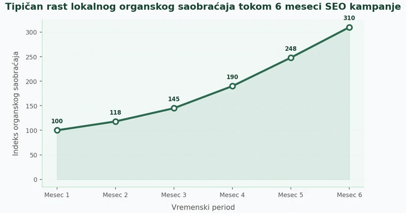 Line chart prikazuje postepeni rast lokalnog organskog saobraćaja od meseca 1 do meseca 6, sa ubrzanjem od meseca 3 nadalje