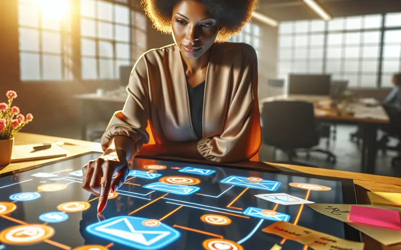Marketing automatizacija workflow dijagram na touchscreen stolu u srpskoj kancelariji