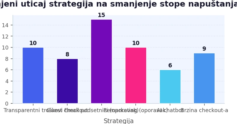 Procenjeni uticaj strategija na smanjenje stope napuštanja korpe Bar grafikon koji prikazuje procenjeni uticaj svake strategije: transparentni troškovi 10%, guest checkout 8%, email podsetnici 15%, remarketing 10%, AI chatbot 6%, brzina checkout-a 9%
