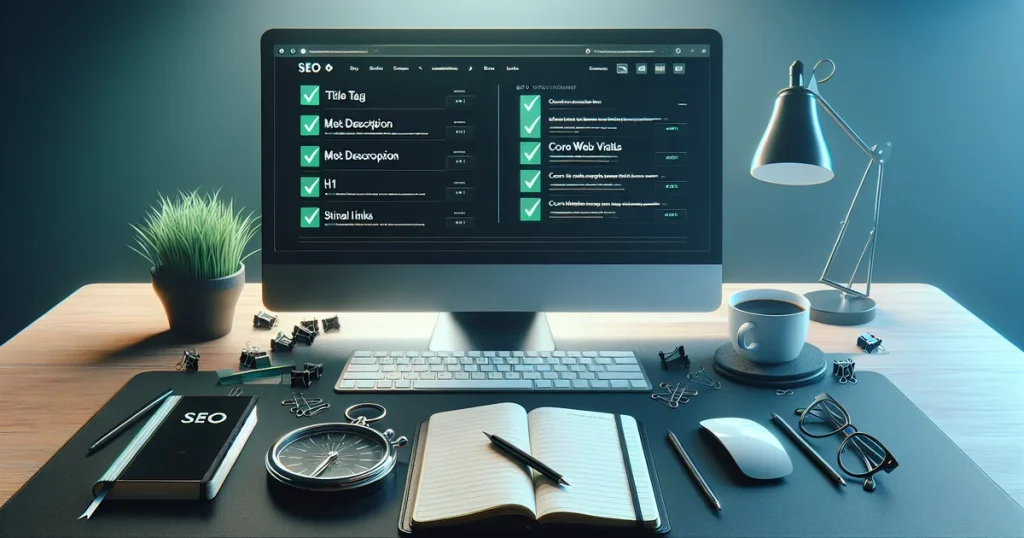 On-page SEO čeklista sa 25 faktora prikazana na monitoru i u rokovniku na poslovnom stolu