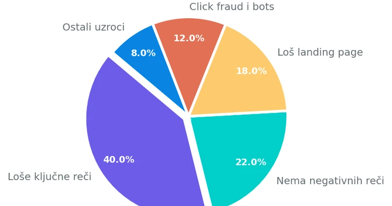 Tortni grafikon koji prikazuje procentualno učešće različitih uzroka rasipanja PPC budžeta: loše ključne reči 40%, nedostatak negativnih reči 22%, loš landing page 18%, click fraud 12%, ostalo 8%