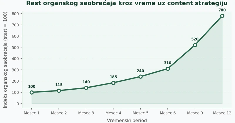 Linijski grafikon koji prikazuje postepen rast organskog saobraćaja tokom 12 meseci content marketing strategije, sa sporim startom i ubrzanjem od 4. meseca