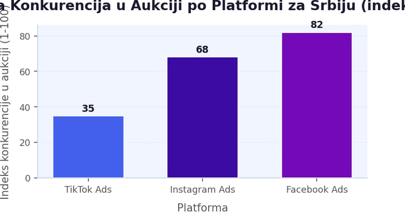 Bar chart poredi relativnu konkurenciju u aukciji između TikTok, Facebook i Instagram oglasnih platformi za srpsko tržište u 2026. godini, TikTok 35, Instagram 68, Facebook 82