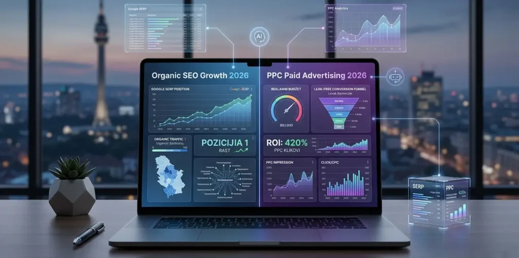 SEO ili PPC strategija u 2026 uz AI analitiku i digitalni marketing dashboard